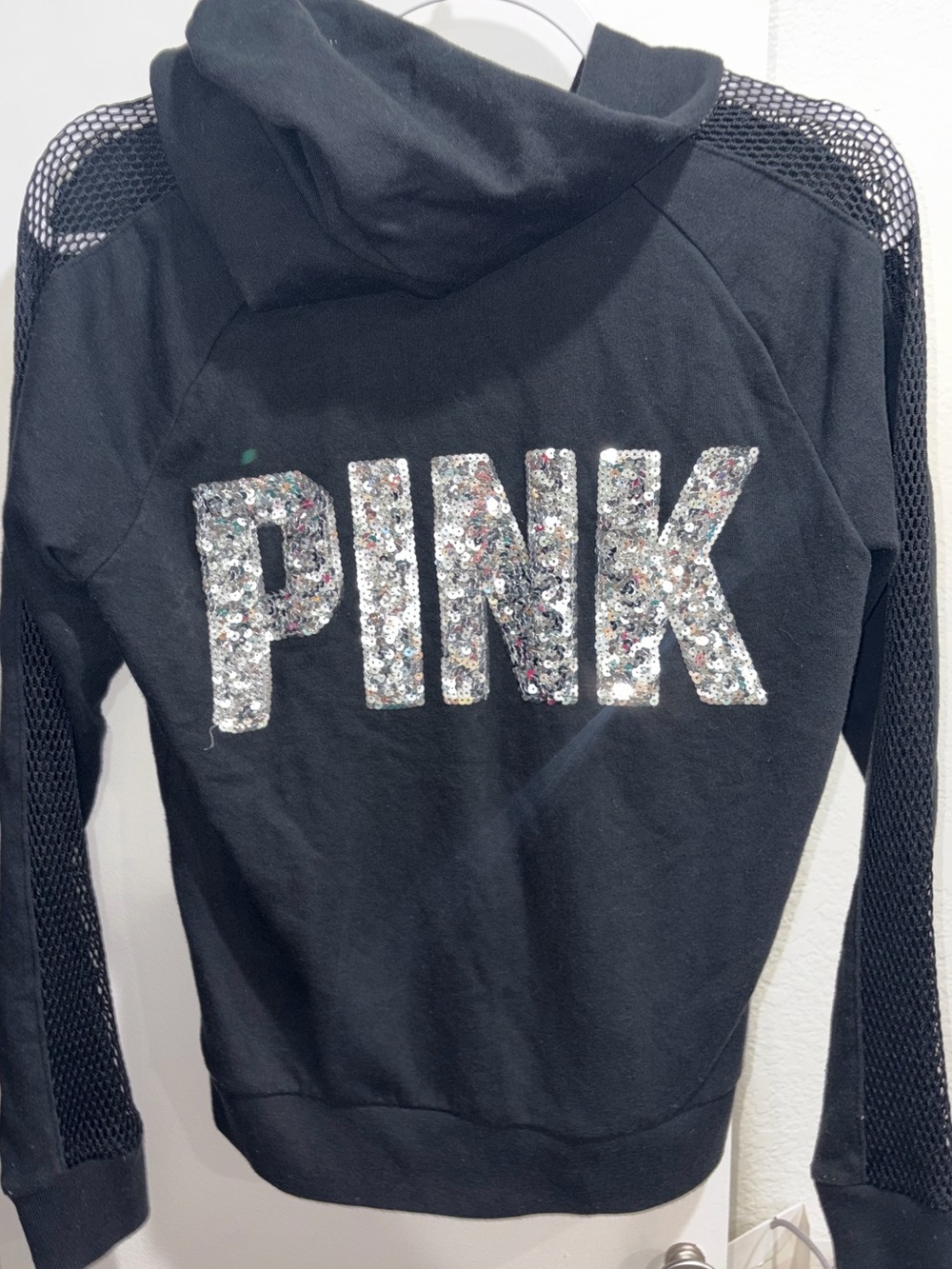 PINK Victoria's Secret Black Zip-Up Hoodie with Mesh Sleeves